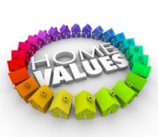 Rainbow of homes surrounding the words "home values"