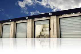 Storage container with door open showing boxes inside